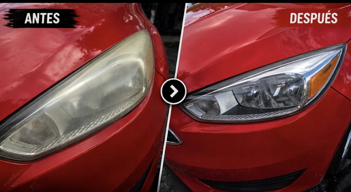 Headlight restoration before and after on a red Ford, cloudy yellowed lens on the left and clear lens on the right